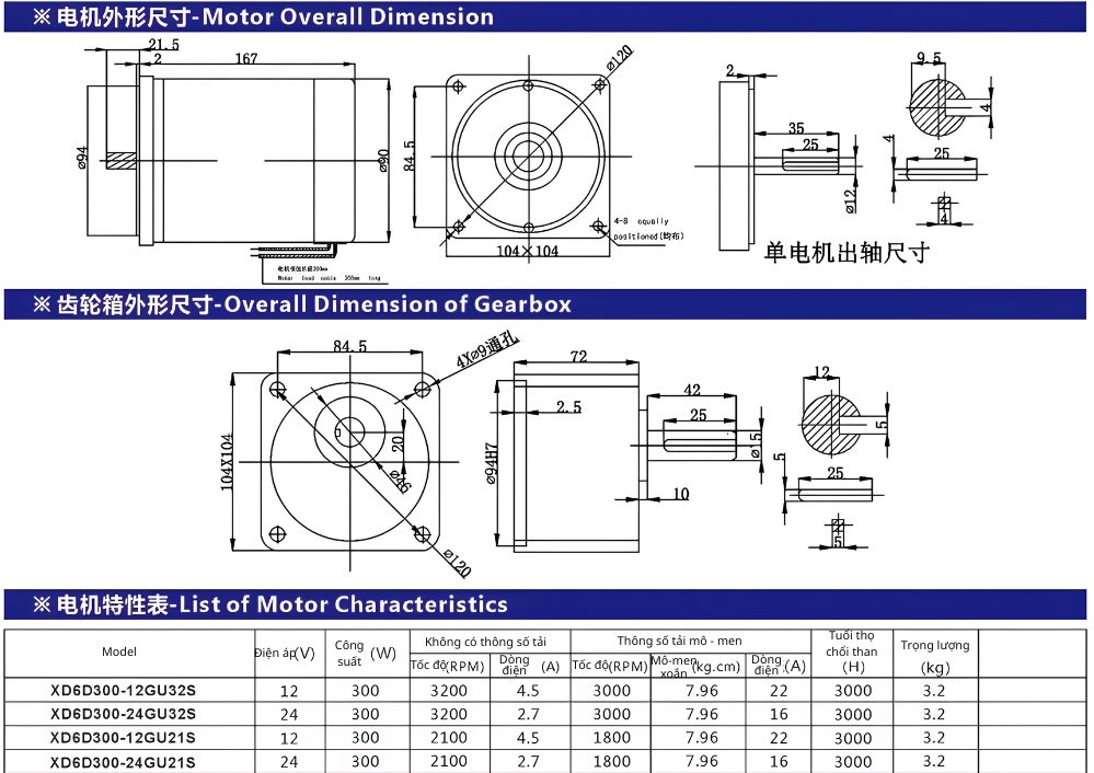 Thông số kỹ thuật động cơ DC giảm tốc XD6D300