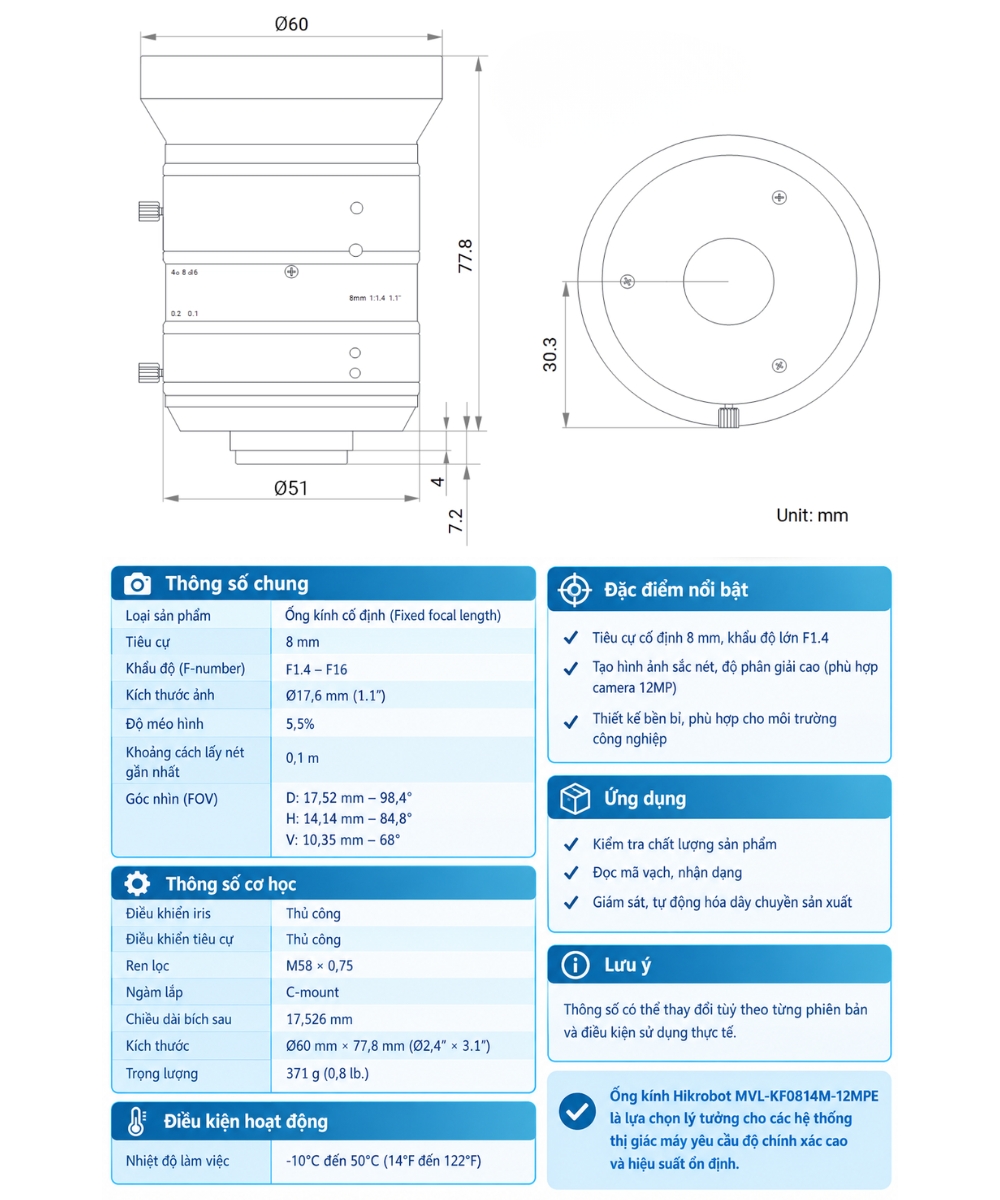 Thông số kỹ thuật ống kính HIKROBOT MVL-KF0814M-12MPE