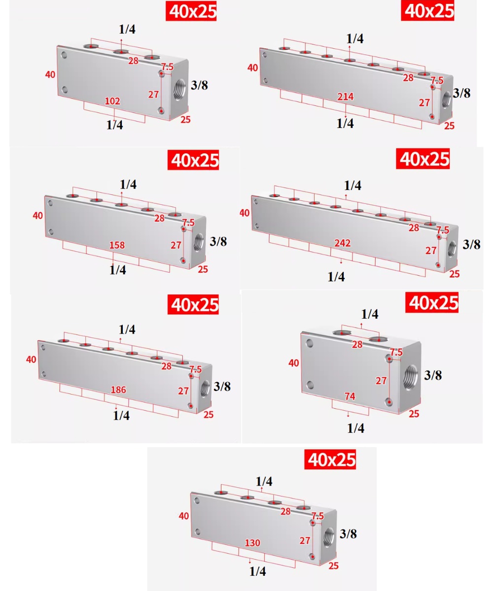Thông số kỹ thuật thanh chia khí nén nhiều cổng MT2-4, MT2-6, MT2-8, MT2-10, MT2-12, MT2-14