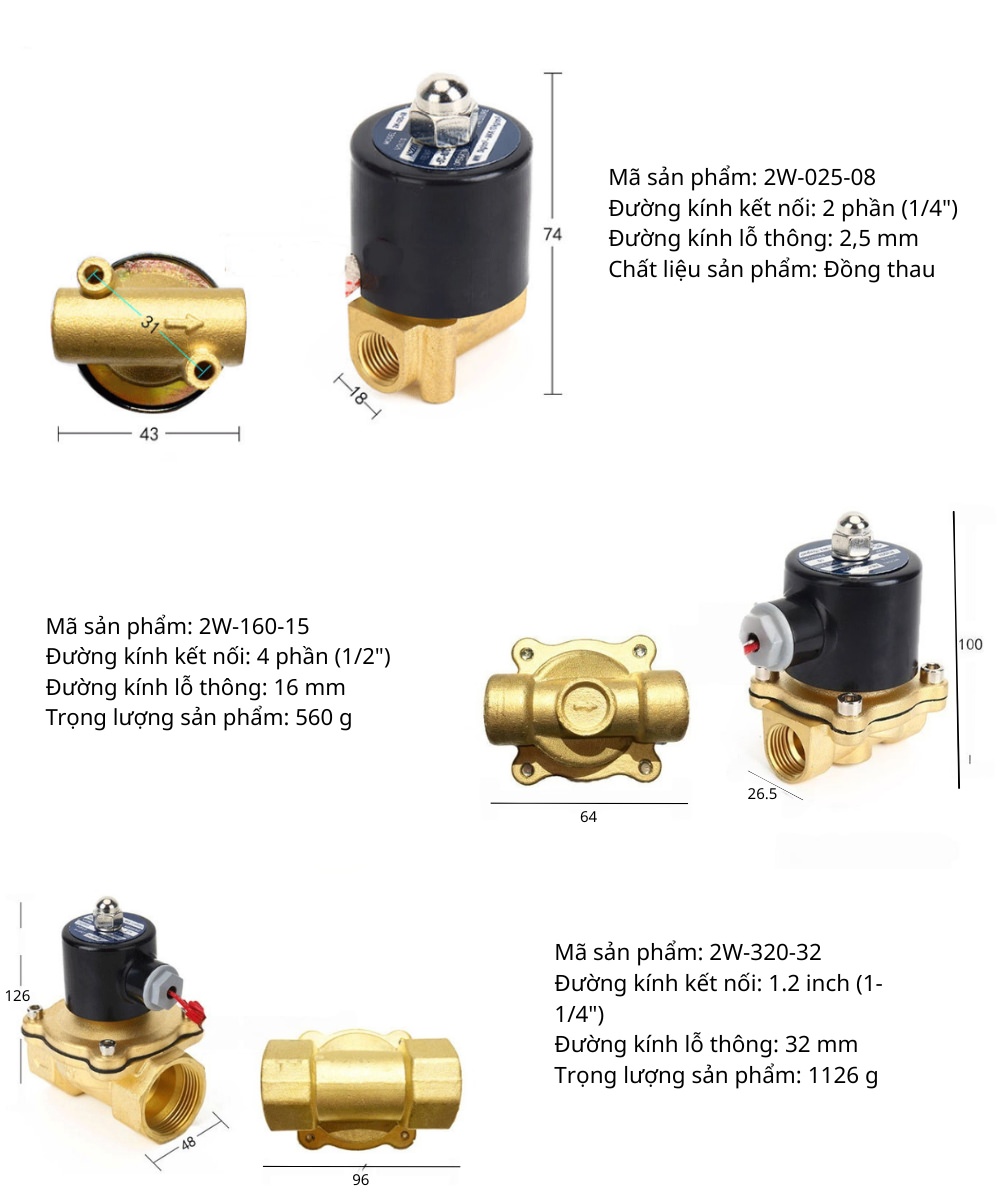 Thông số kỹ thuật van điện từ thân đồng 2W025, 2W160, 2W320