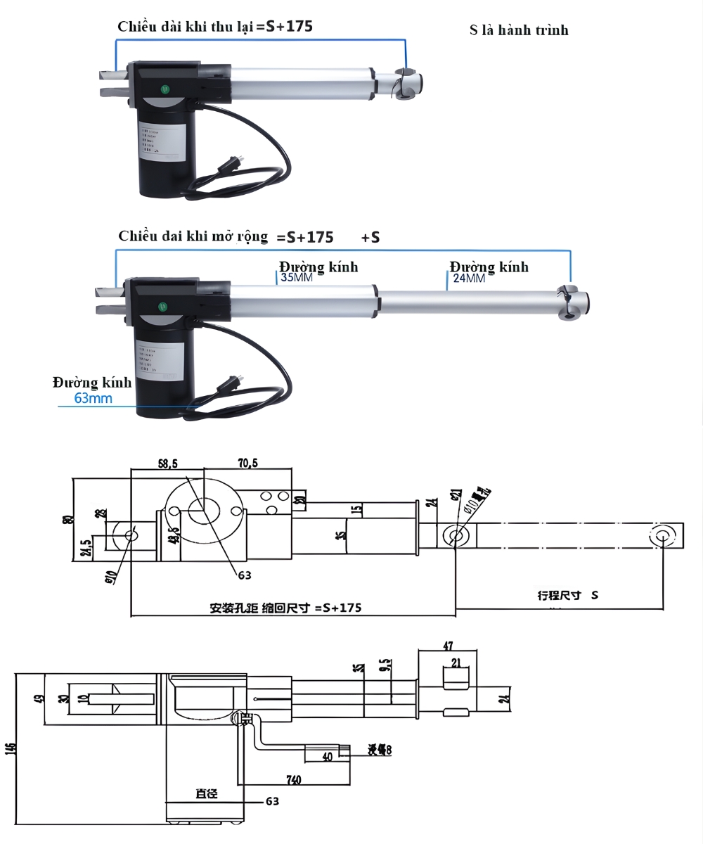 Thông số kỹ thuật xi lanh điện - Motor đẩy kéo