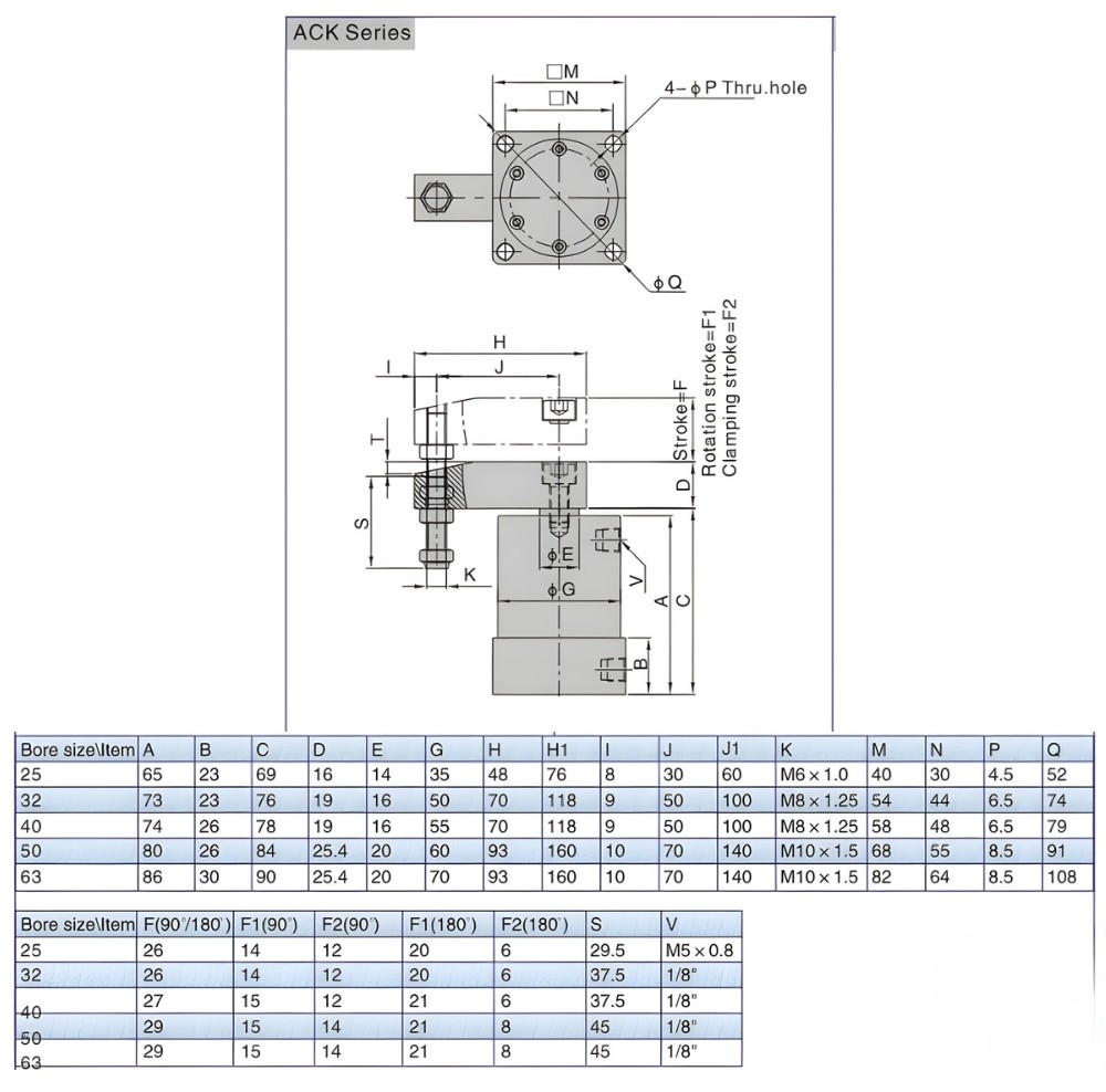 Thông số kỹ thuật xi lanh khí nén kẹp xoay 90 Độ ACK25, ACK32, ACK40, ACK50, ACK63