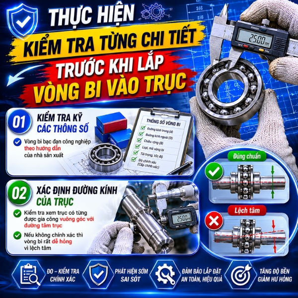 Thực hiện kiểm tra từng chi tiết trước khi lắp vòng bi vào trục