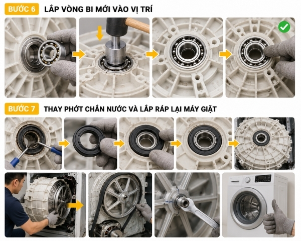 Lắp vòng bi và thay phớt chắn 