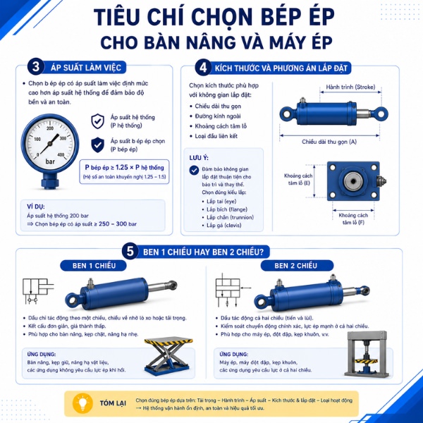 Chọn ben ép thuỷ lực dựa vào áp suất làm việc, kích thước lắp đặt, loại ben thuỷ lực