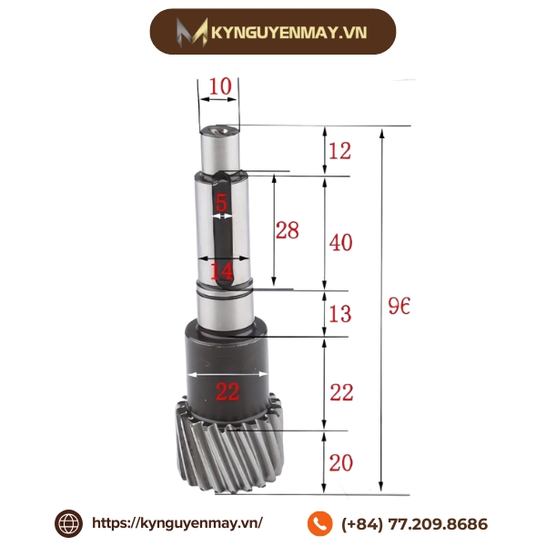 Ảnh thông số trục bánh răng chéo dài 96mm
