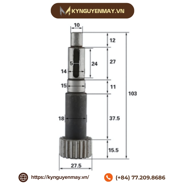 Ảnh thông số trục bánh răng thẳng dài 103mm