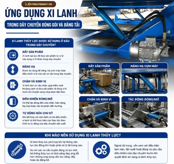 Ứng dụng xi lanh trong dây chuyền đóng gói và băng tải