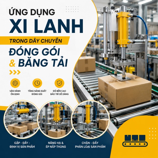Ứng dụng xi lanh trong dây chuyền đóng gói và băng tải