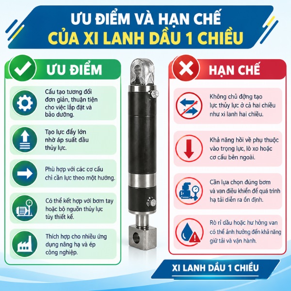Ưu điểm và hạn chế của xi lanh dầu 1 chiều