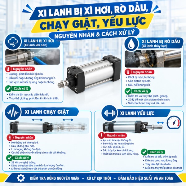 Xi lanh bị xì hơi, rò dầu, chạy giật, yếu lực: Nguyên nhân & cách xử lý