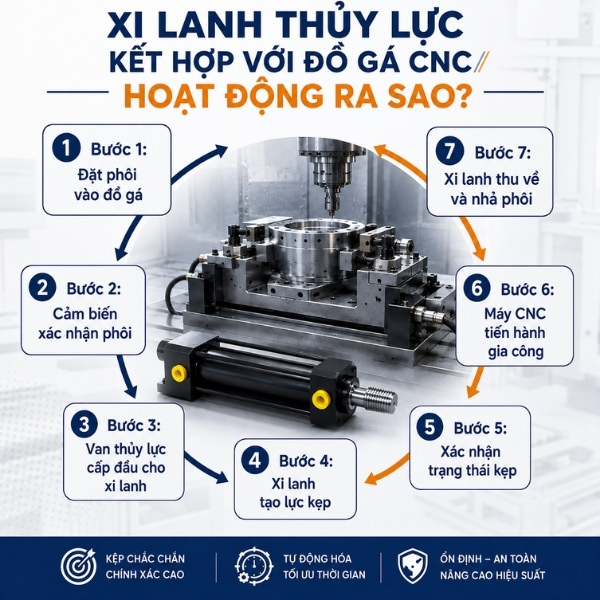 Xi lanh thủy lực kết hợp với đồ gá CNC hoạt động ra sao?