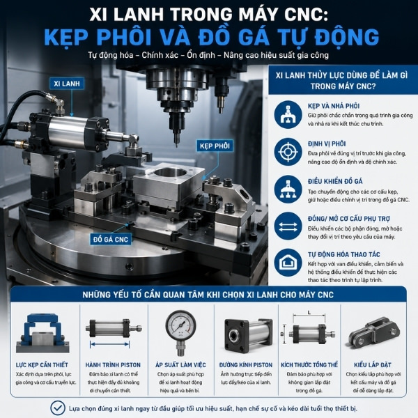 Xi lanh trong máy CNC: Kẹp phôi và đồ gá tự động