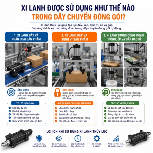 Xi lanh được sử dụng như thế nào trong dây chuyền đóng gói?