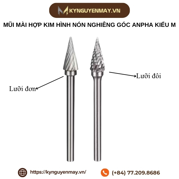 Mũi mài hợp kim hình nón nghiêng góc Anpha kiểu M