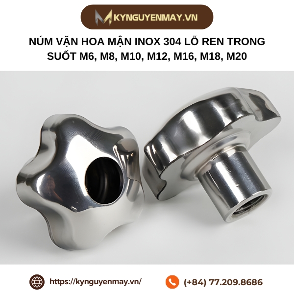 Núm vặn hoa mận inox 304 lỗ ren trong suốt M6, M8, M10, M12, M16, M18, M20