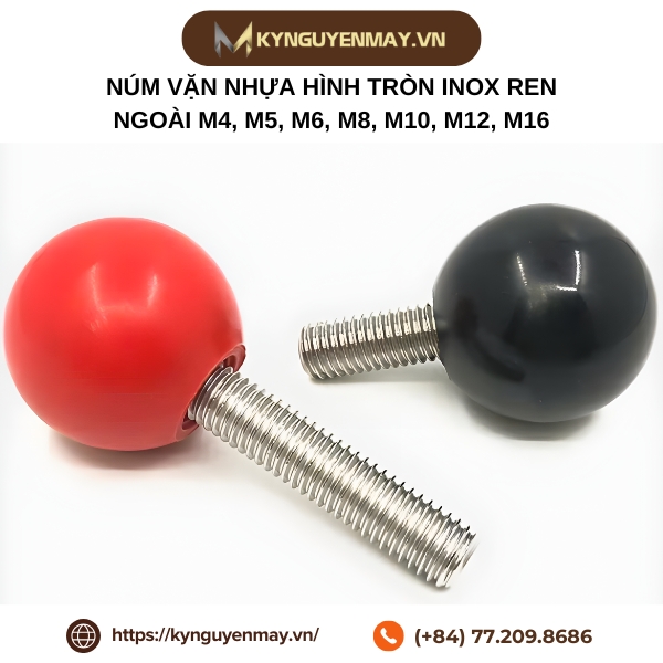 Núm vặn nhựa hình tròn inox ren ngoài M4, M5, M6, M8, M10, M12, M16