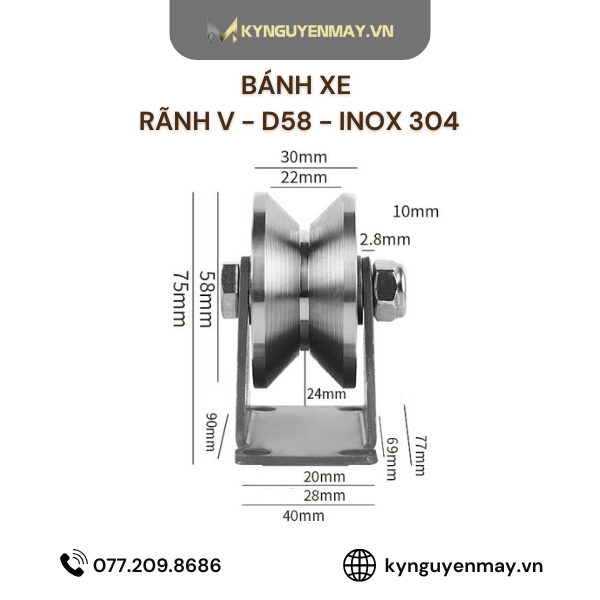 Bánh xe cửa trượt rãnh V - D58 - INOX 304