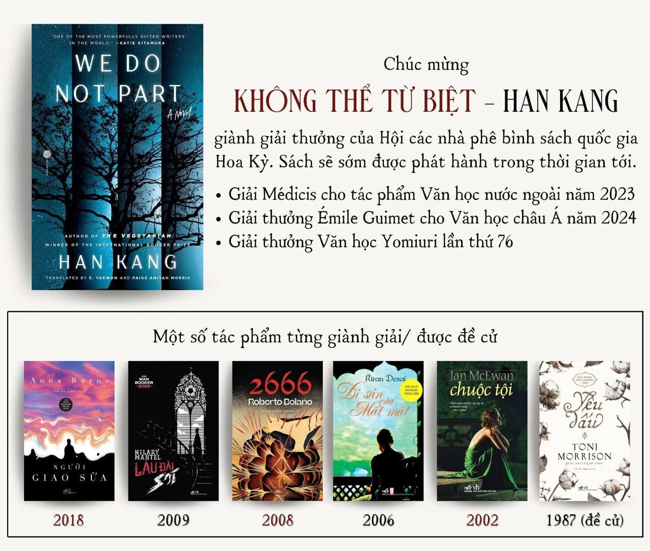 Không thể từ biệt của Han Kang dành giải thưởng của hội các nhà phê bình sách Hoa Kỳ