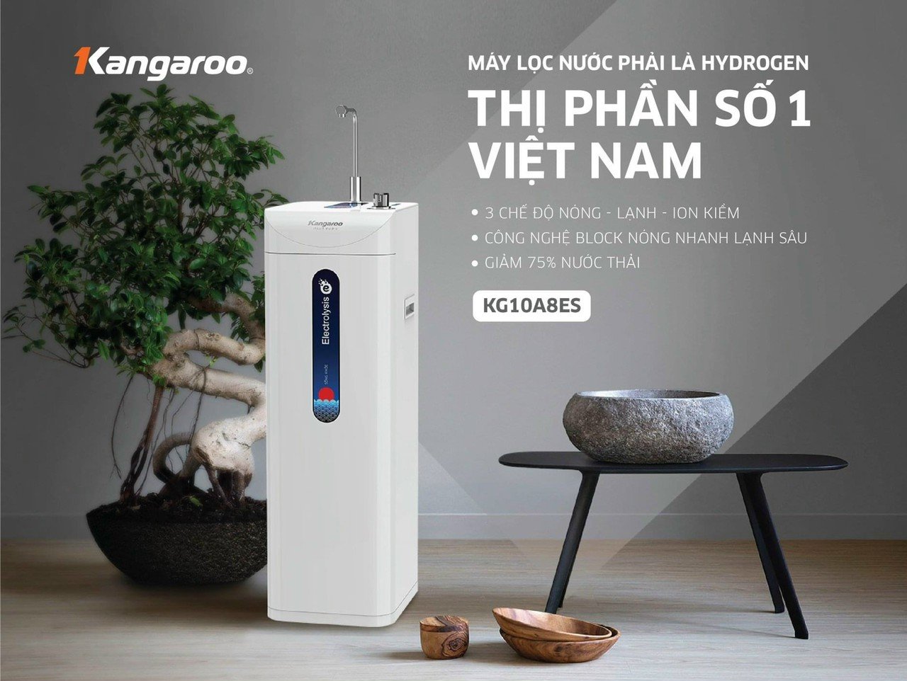 Kangaroo Hydrogen Ion Kiềm KG10A8ES: Nguồn sống tinh khiết, sức khỏe thăng hoa trong không gian tinh tế, trải nghiệm tiện lợi vượt trội với công nghệ làm nóng lạnh hiện đại