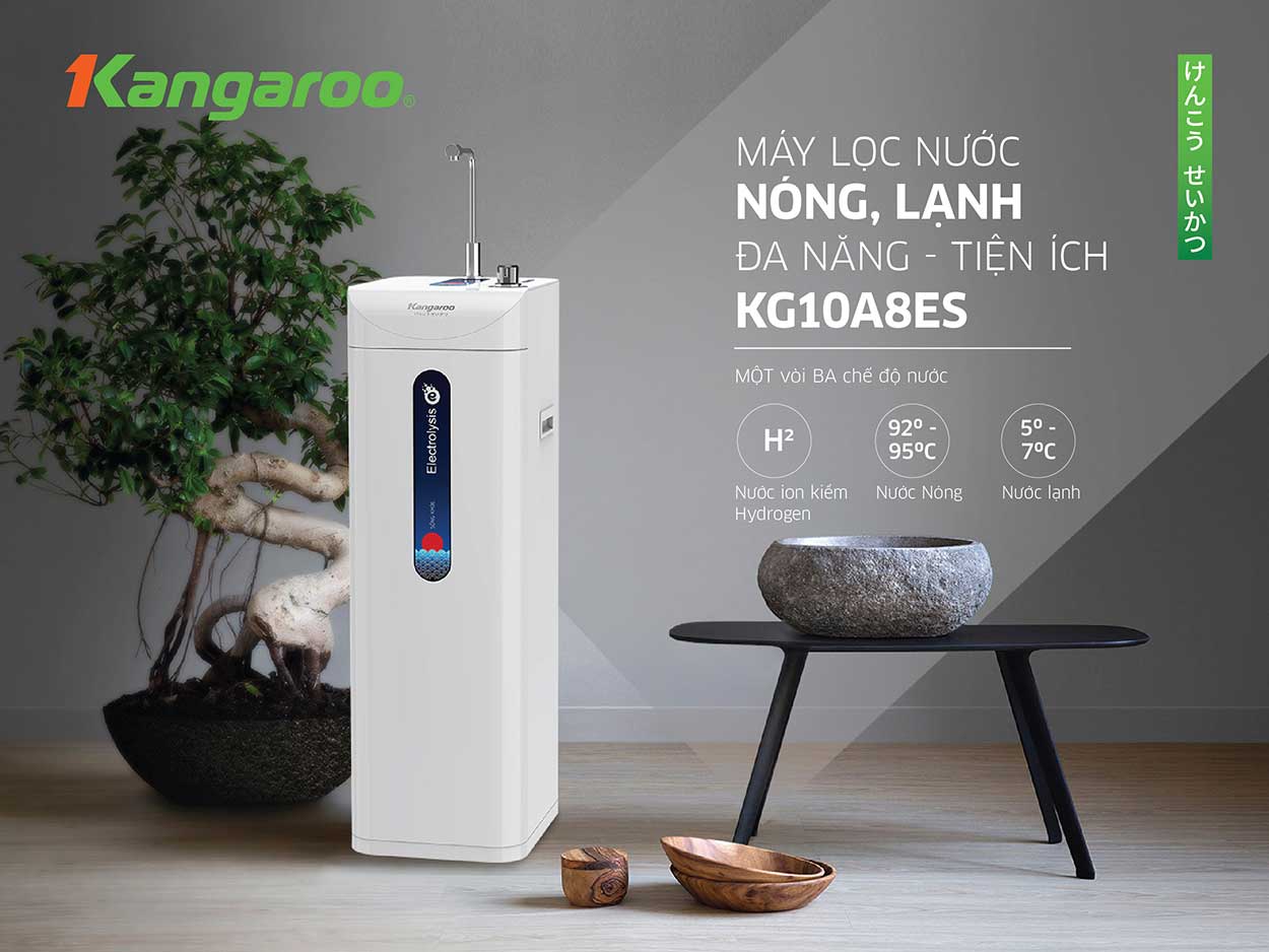 Kangaroo Hydrogen Ion Kiềm KG10A8ES: Nguồn sống tinh khiết, sức khỏe thăng hoa trong không gian tinh tế, trải nghiệm tiện lợi vượt trội với công nghệ làm nóng lạnh hiện đại