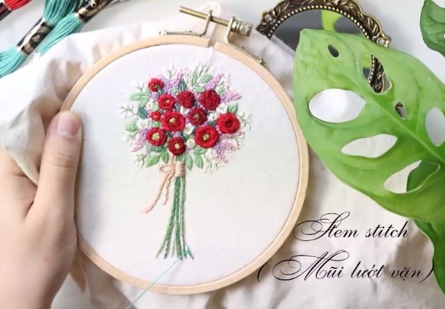 Hướng dẫn chi tiết mũi thêu lướt vặn (stem stitch)