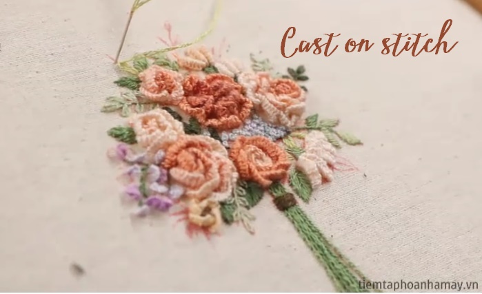 Ứng dụng mũi Cast on stitch thêu bó hoa