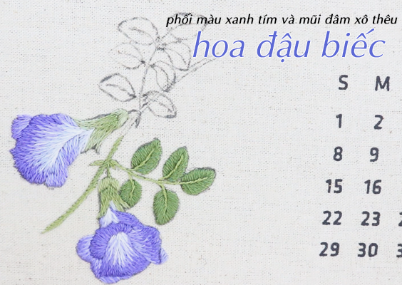 Thêu hoa đậu biếc bằng mũi đâm xô và phối màu xanh tím (có mẫu in)