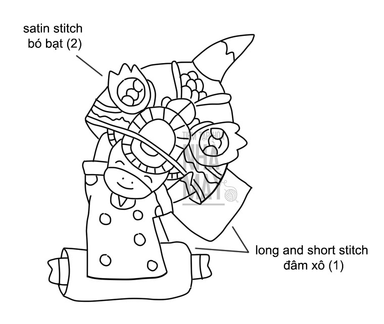 Hướng dẫn phối màu thêu "Bé trâu múa lân" (có mẫu in)
