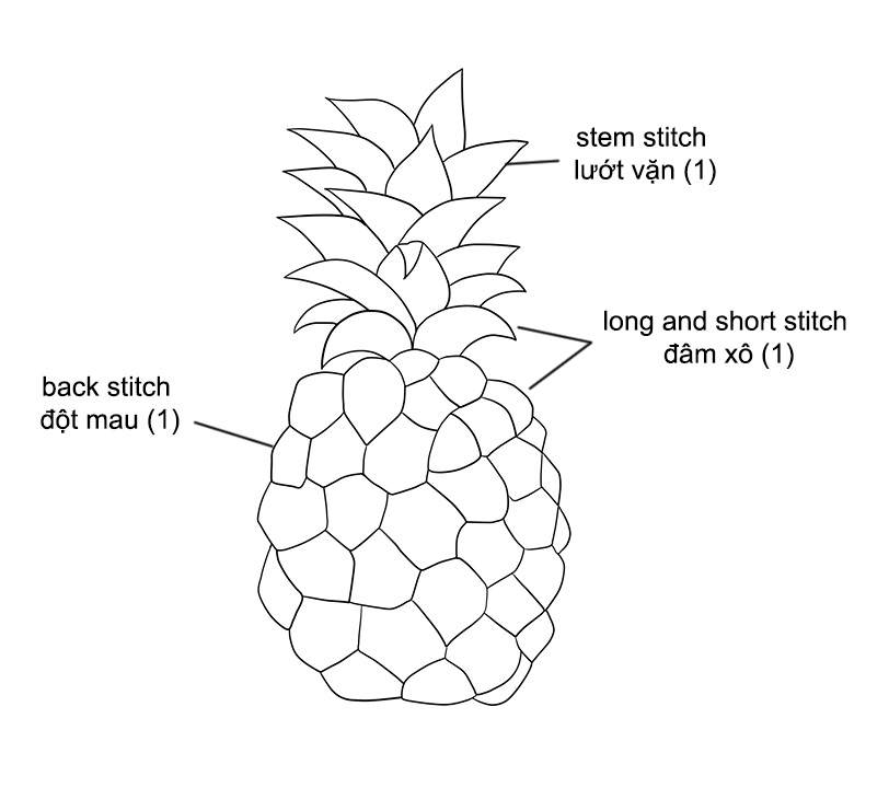 Hướng dẫn phối màu và dùng mũi đâm xô thêu quả dứa như thật (có mẫu in)