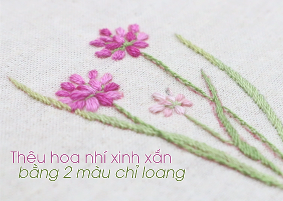 Thêu hoa nhí xinh xắn bằng 2 màu chỉ loang (có mẫu in)
