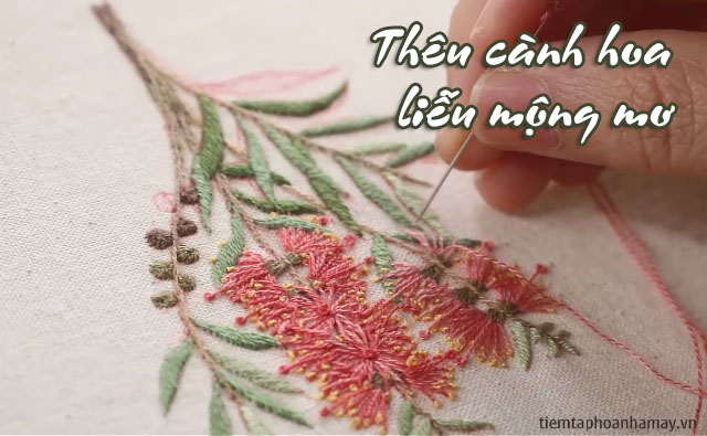 Kết hợp 3 mũi thêu đơn giản để thêu cành hoa liễu mộng mơ
