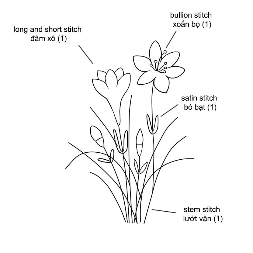 Hướng dẫn thêu khóm hoa tóc tiên mảnh mai bằng mũi đâm xô (có mẫu in)