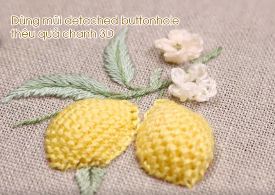 Hướng dẫn thêu quả chanh vàng 3D với mũi Detached Buttonhole stitch (có mẫu in)