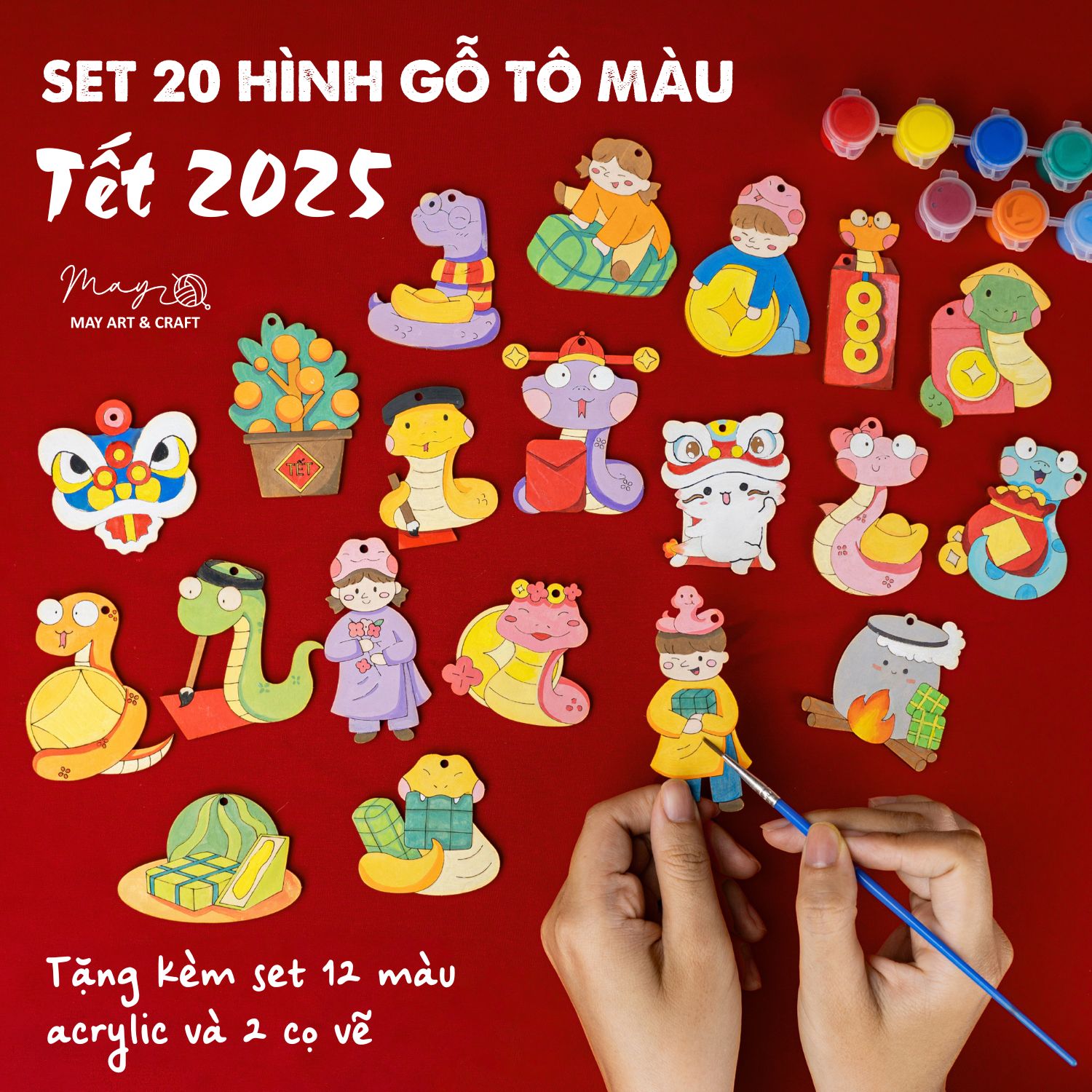 Set tô màu gỗ trang trí Tết 2025 (tặng 12 màu acrylic + 2 cọ vẽ khi mua set 20 hình)
