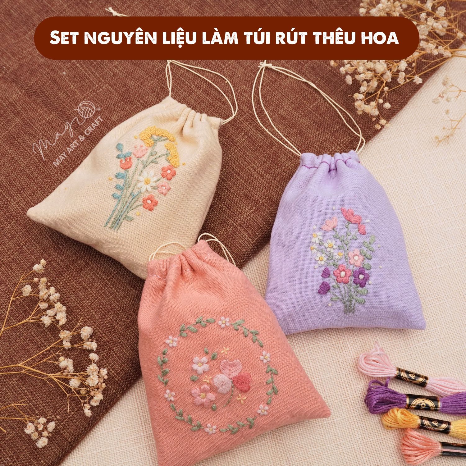 Set nguyên liệu tự làm túi rút thêu hoa