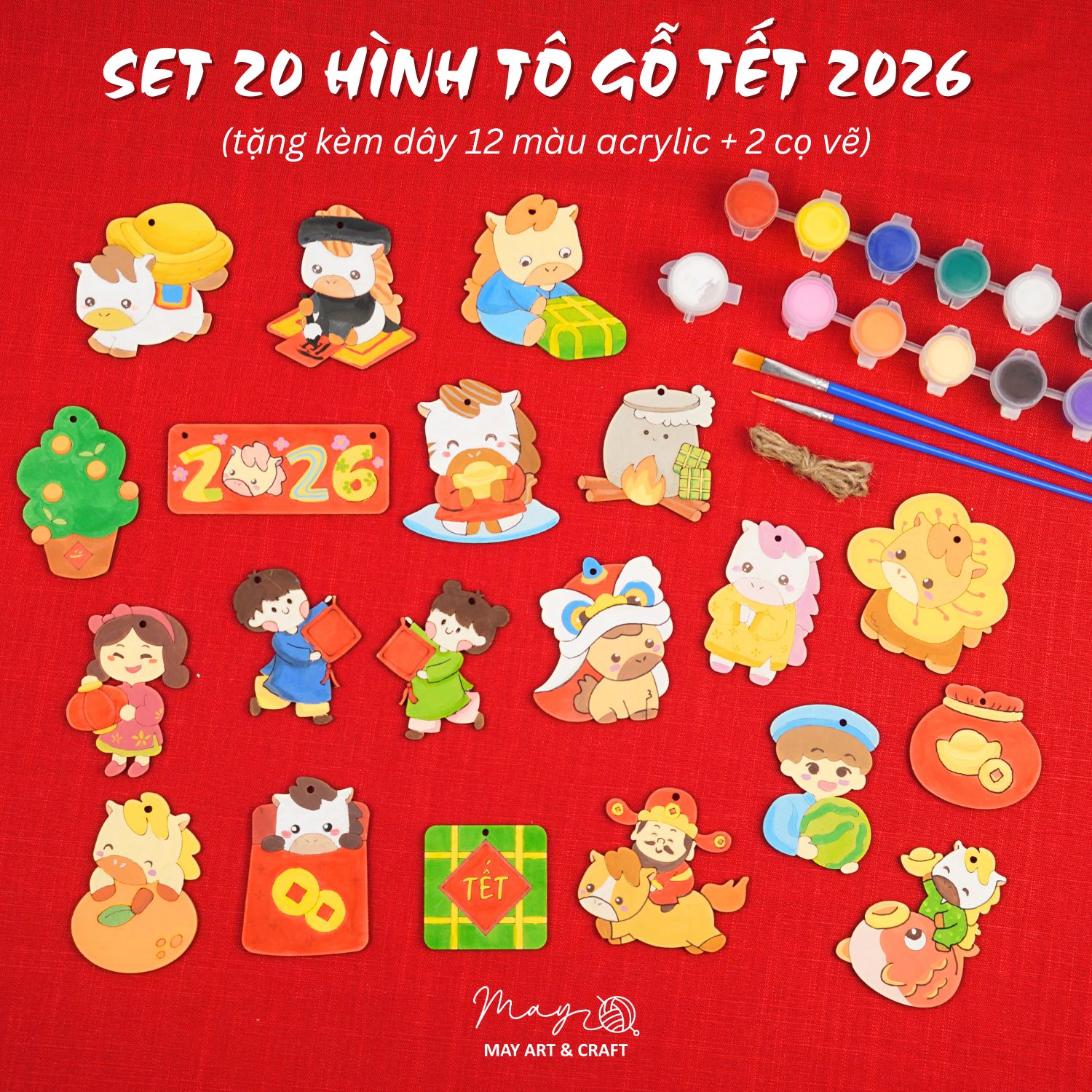 Set tô màu gỗ TẾT 2026 (20 hình gỗ, tặng kèm dây 12 màu acrylic & 2 cọ vẽ)