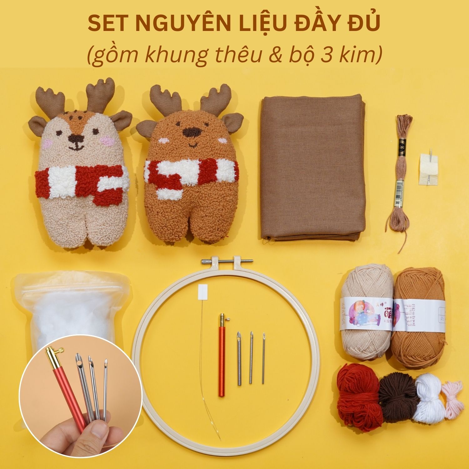 Bộ nguyên liệu làm thú bông Tuần lộc từ thêu len nổi punch needle