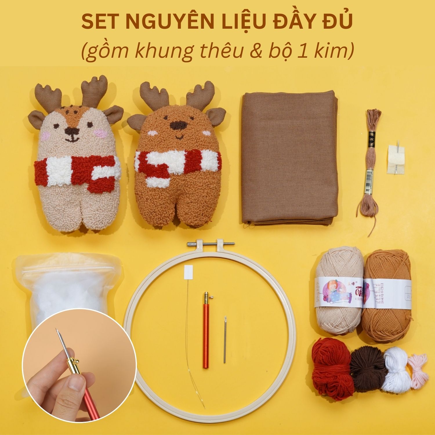 Bộ nguyên liệu làm thú bông Tuần lộc từ thêu len nổi punch needle