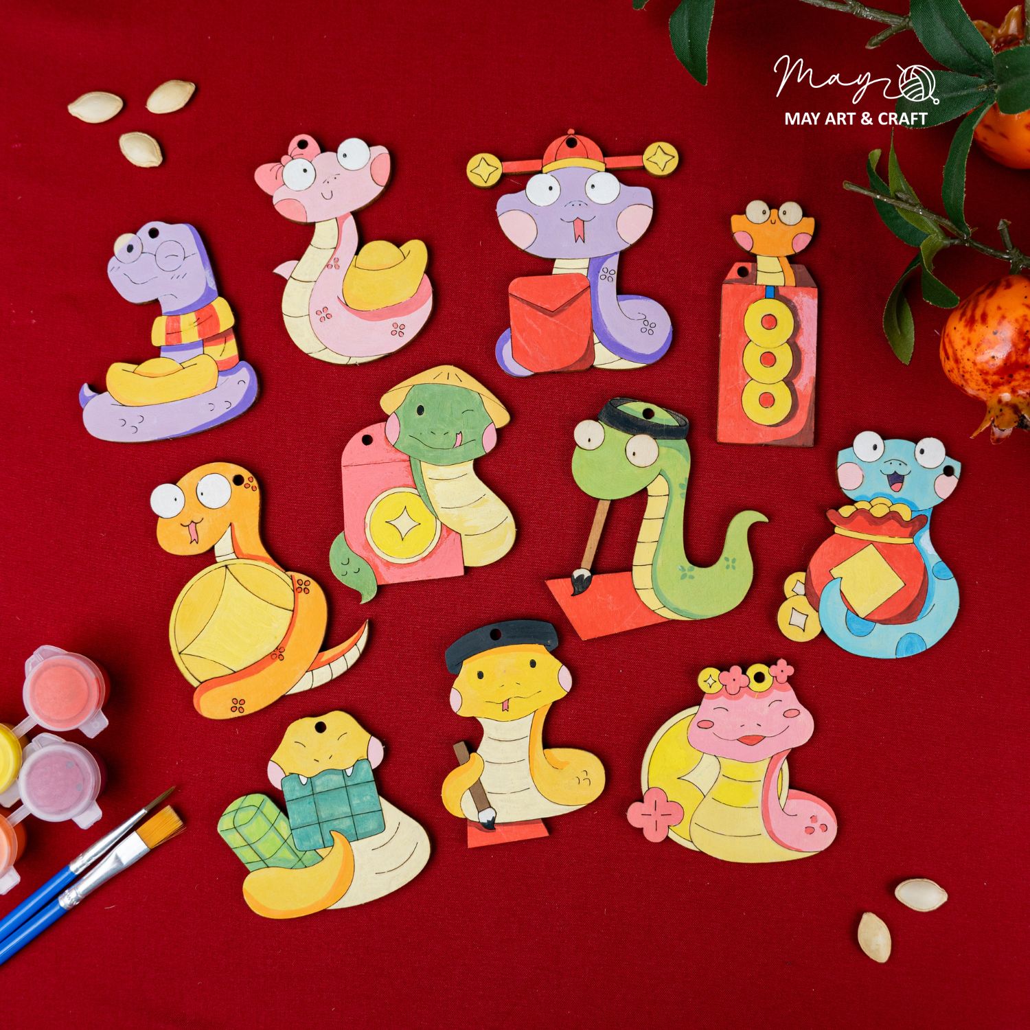 Set tô màu gỗ trang trí Tết 2025 (tặng 12 màu acrylic + 2 cọ vẽ khi mua set 20 hình)