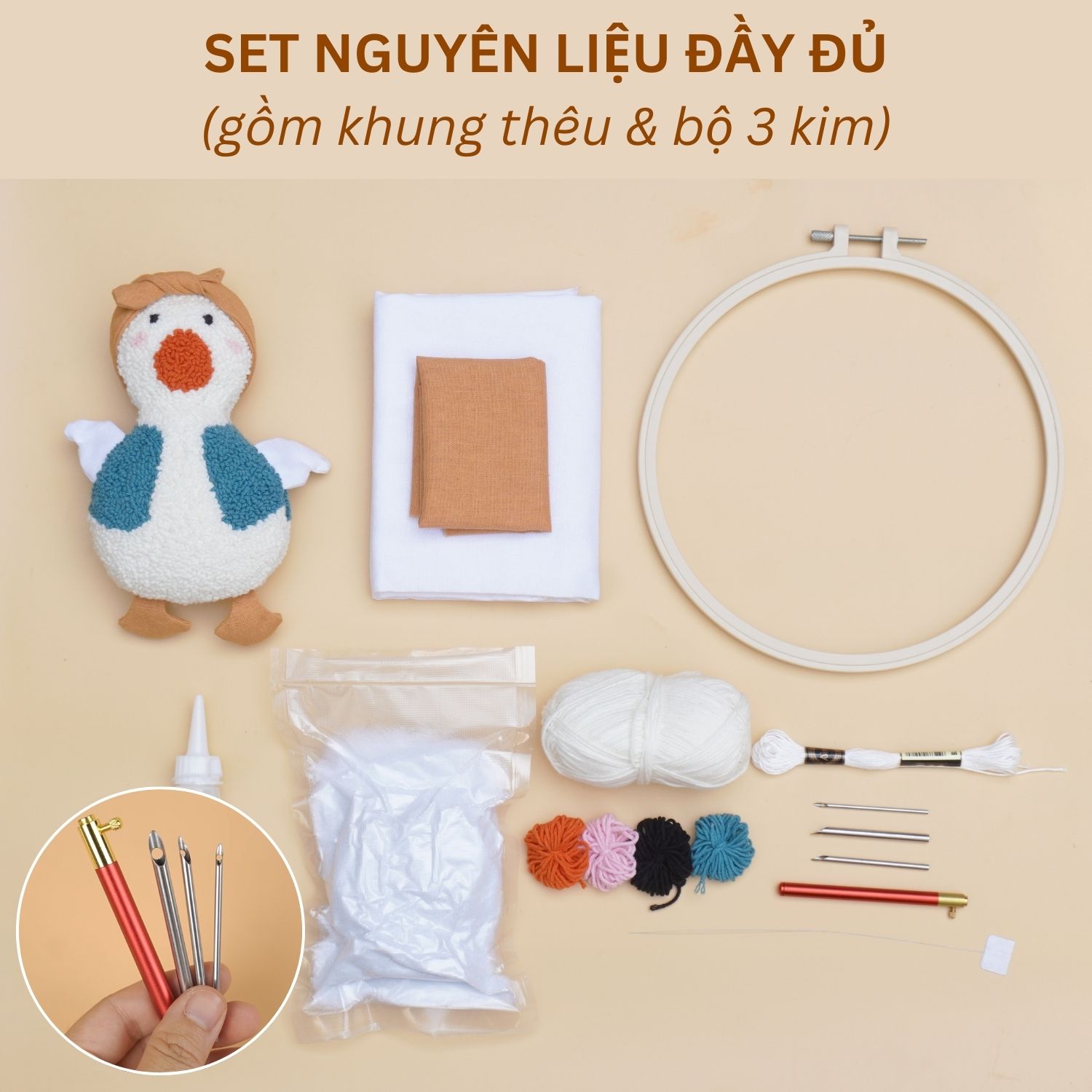 Bộ nguyên liệu làm Vịt bông từ thêu len nổi punch needle