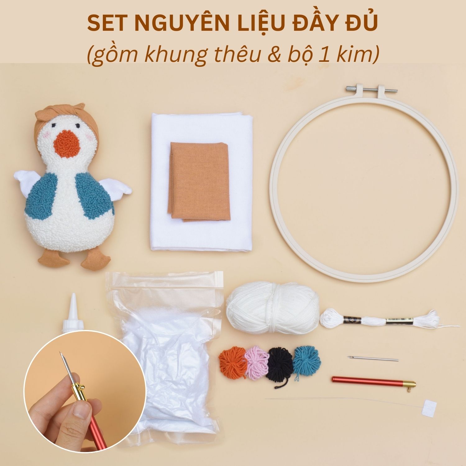 Bộ nguyên liệu làm Vịt bông từ thêu len nổi punch needle