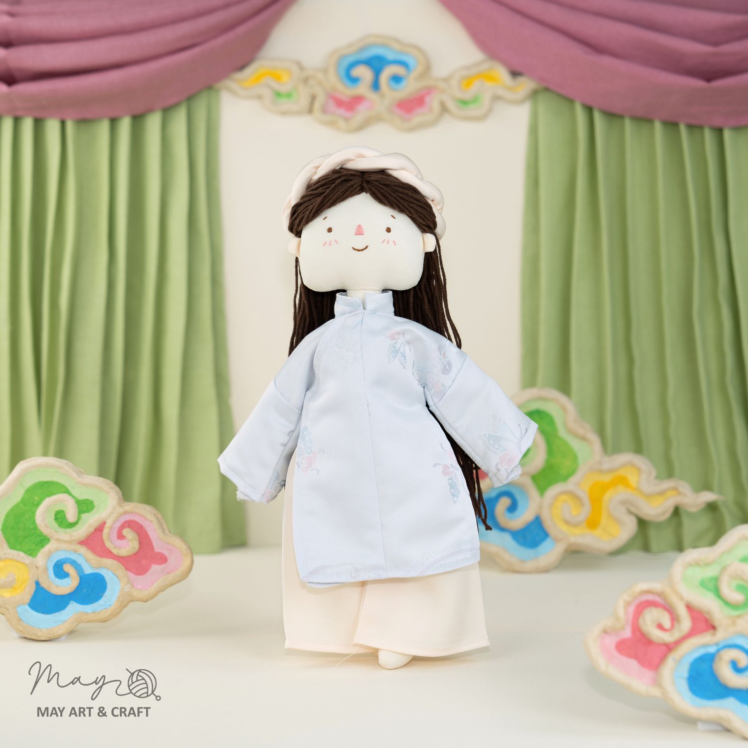 Set Búp bê trang phục phong cách áo ngũ thân vải gấm xanh nhạt và mấn