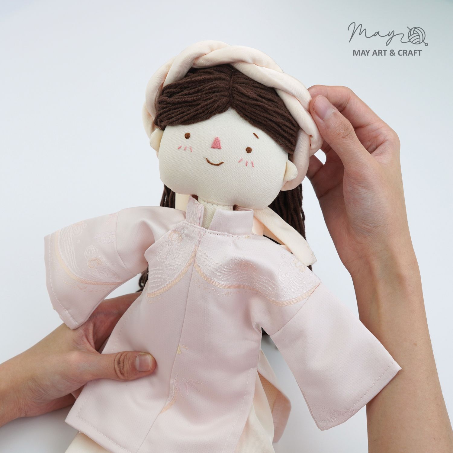 Set Búp bê trang phục phong cách áo ngũ thân vải gấm hồng nhạt và mấn
