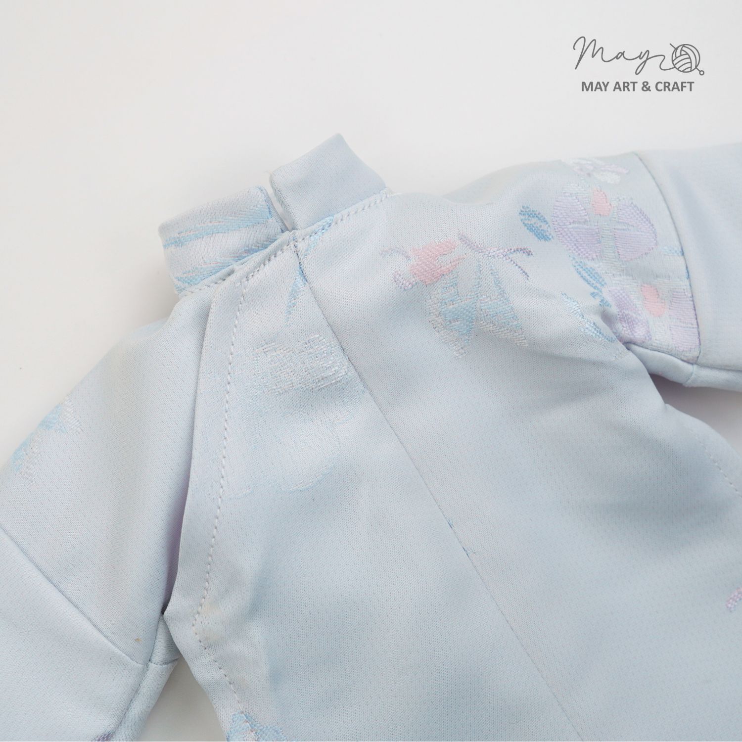 Set Búp bê trang phục phong cách áo ngũ thân vải gấm xanh nhạt và mấn