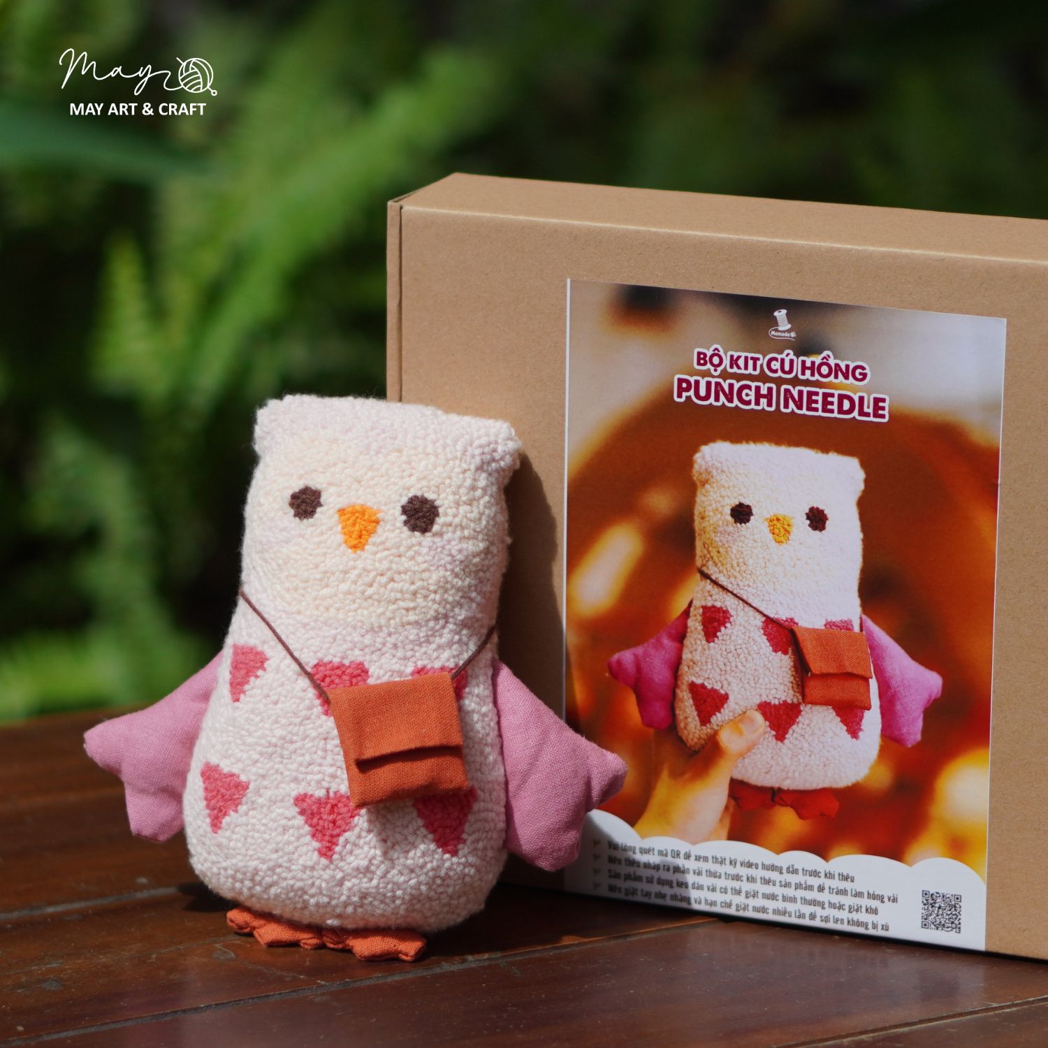 Bộ nguyên liệu làm thú bông Cú hồng từ thêu len nổi Punch Needle
