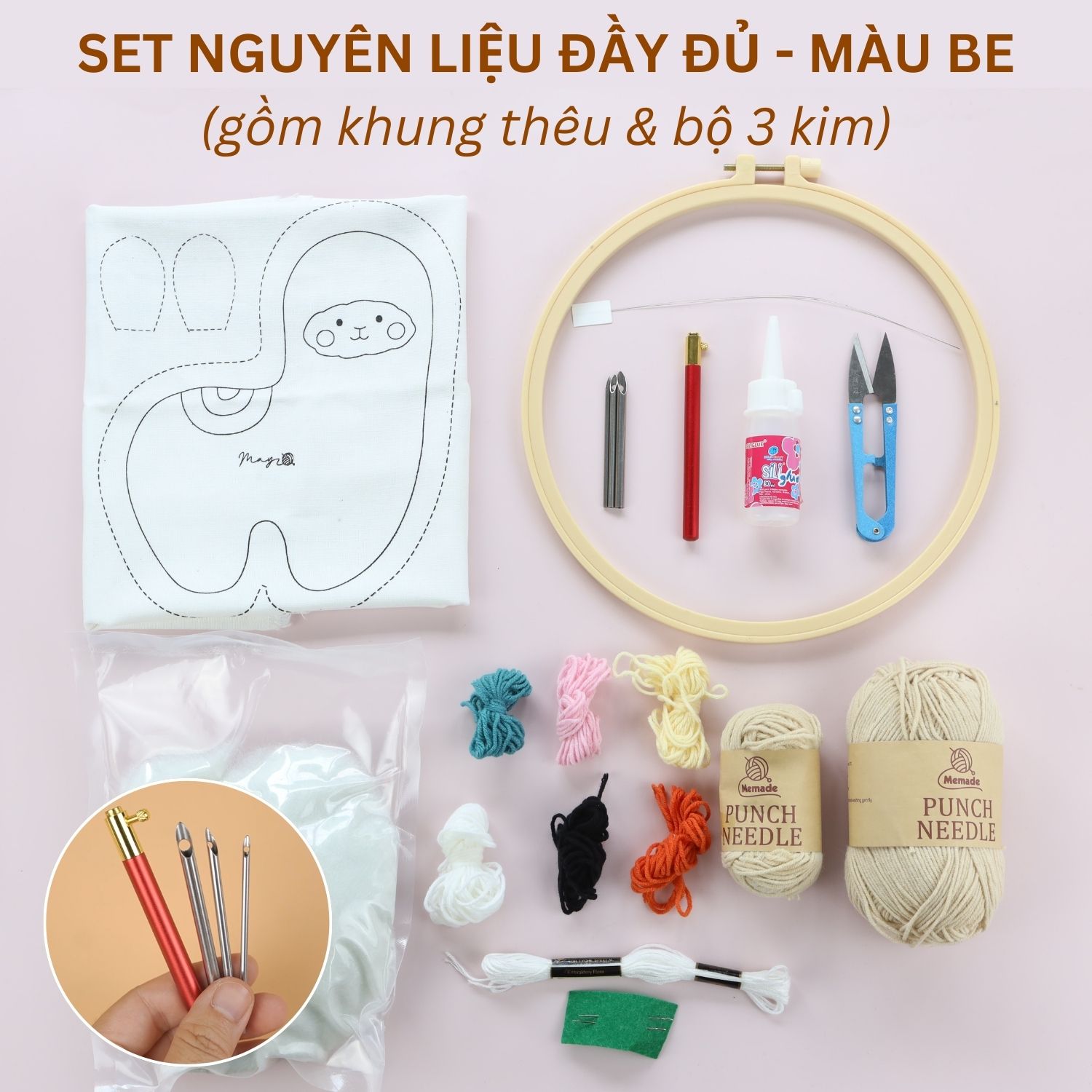 Bộ nguyên liệu làm thú bông Alpaca từ thêu len nổi punch needle