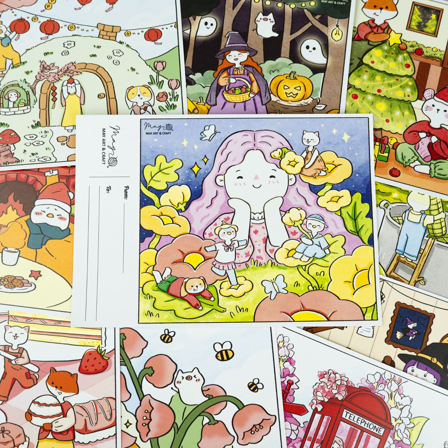 Bộ tranh tô màu postcard 4 mùa lễ hội