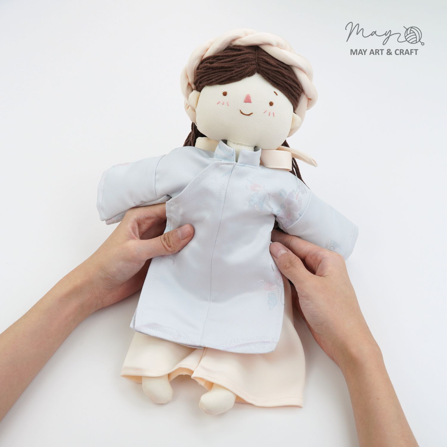 Set Búp bê trang phục phong cách áo ngũ thân vải gấm xanh nhạt và mấn