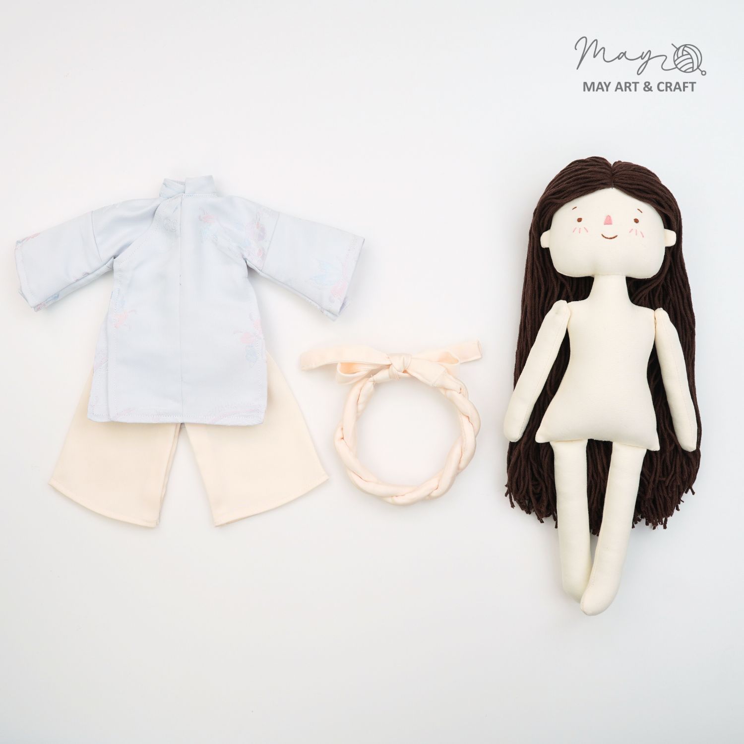 Set Búp bê trang phục phong cách áo ngũ thân vải gấm xanh nhạt và mấn